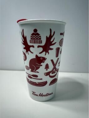 Tim Hortons 2018 Canada Theme Ceramic Coffee Travel Mug 12 oz Moose Goose Beaver